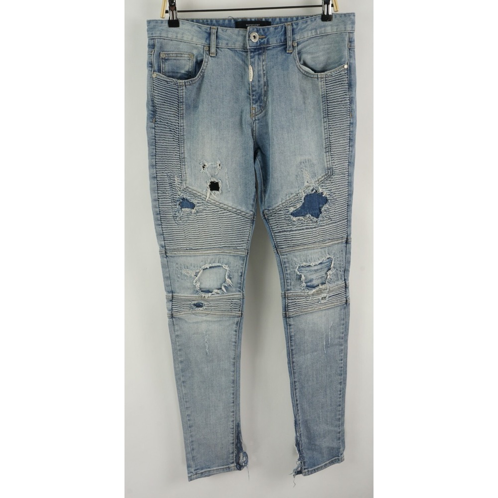 Represent Thrashed Torn Distressed Biker Mechanic Skinny Jeans Mens 32 x 32 Blue
